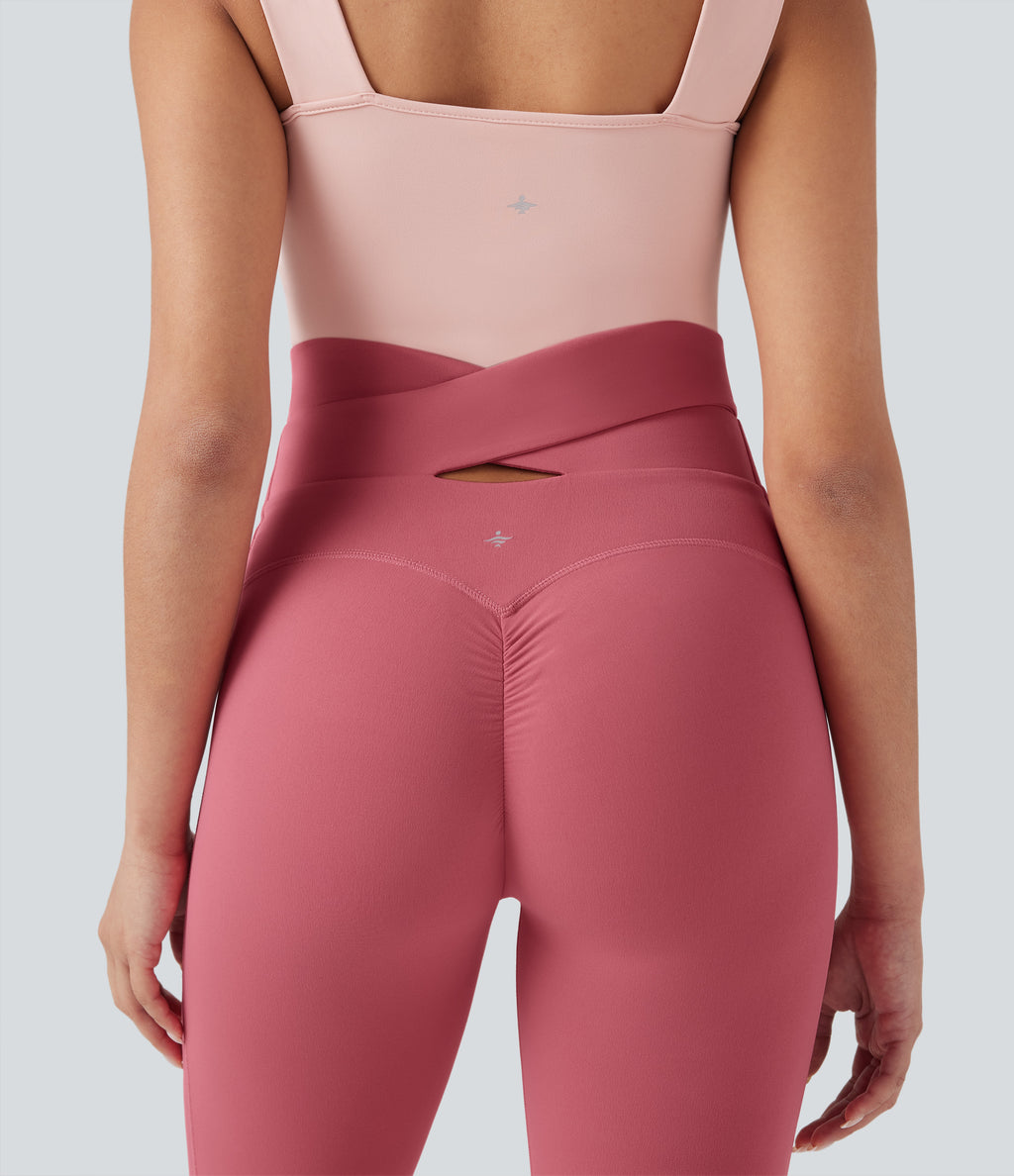 High Waisted Tie Back Ruched 7/8 Yoga Leggings — Begonia Rouge — view 7