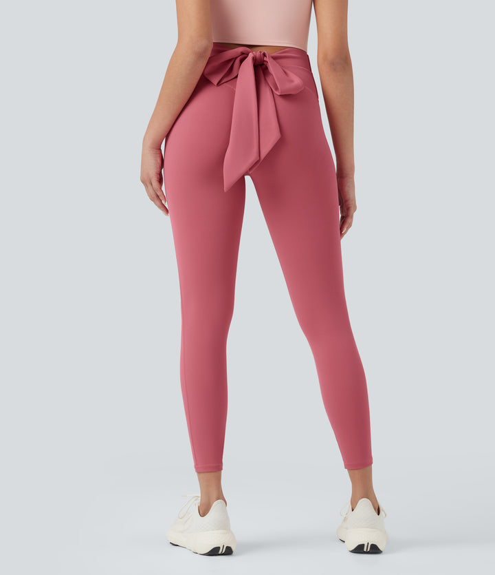 High Waisted Tie Back Ruched 7/8 Yoga Leggings — Begonia Rouge — view 1