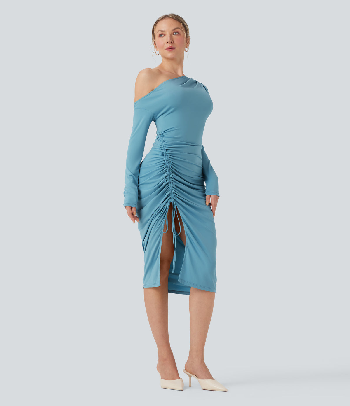 One-shoulder Long Sleeve Ruched Split Midi Bodycon Dress — Delphinium Blue — view 3