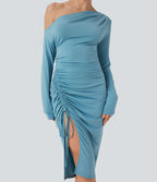 One-shoulder Long Sleeve Ruched Split Midi Bodycon Dress — Delphinium Blue — view 5