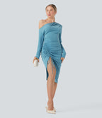 One-shoulder Long Sleeve Ruched Split Midi Bodycon Dress — Delphinium Blue — view 6