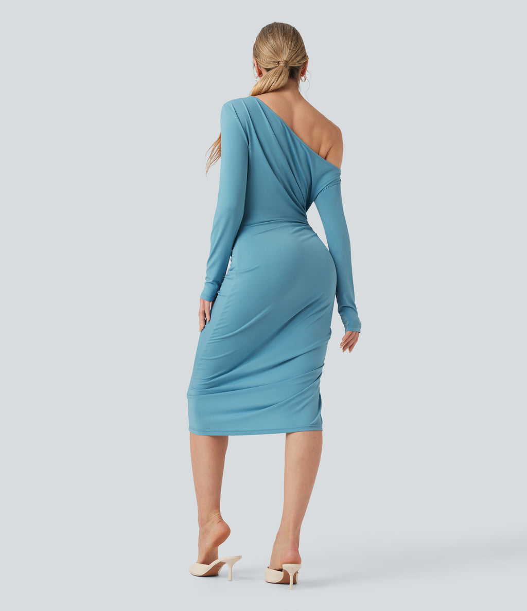 One-shoulder Long Sleeve Ruched Split Midi Bodycon Dress — Delphinium Blue — view 2