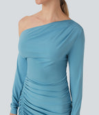 One-shoulder Long Sleeve Ruched Split Midi Bodycon Dress — Delphinium Blue — view 4
