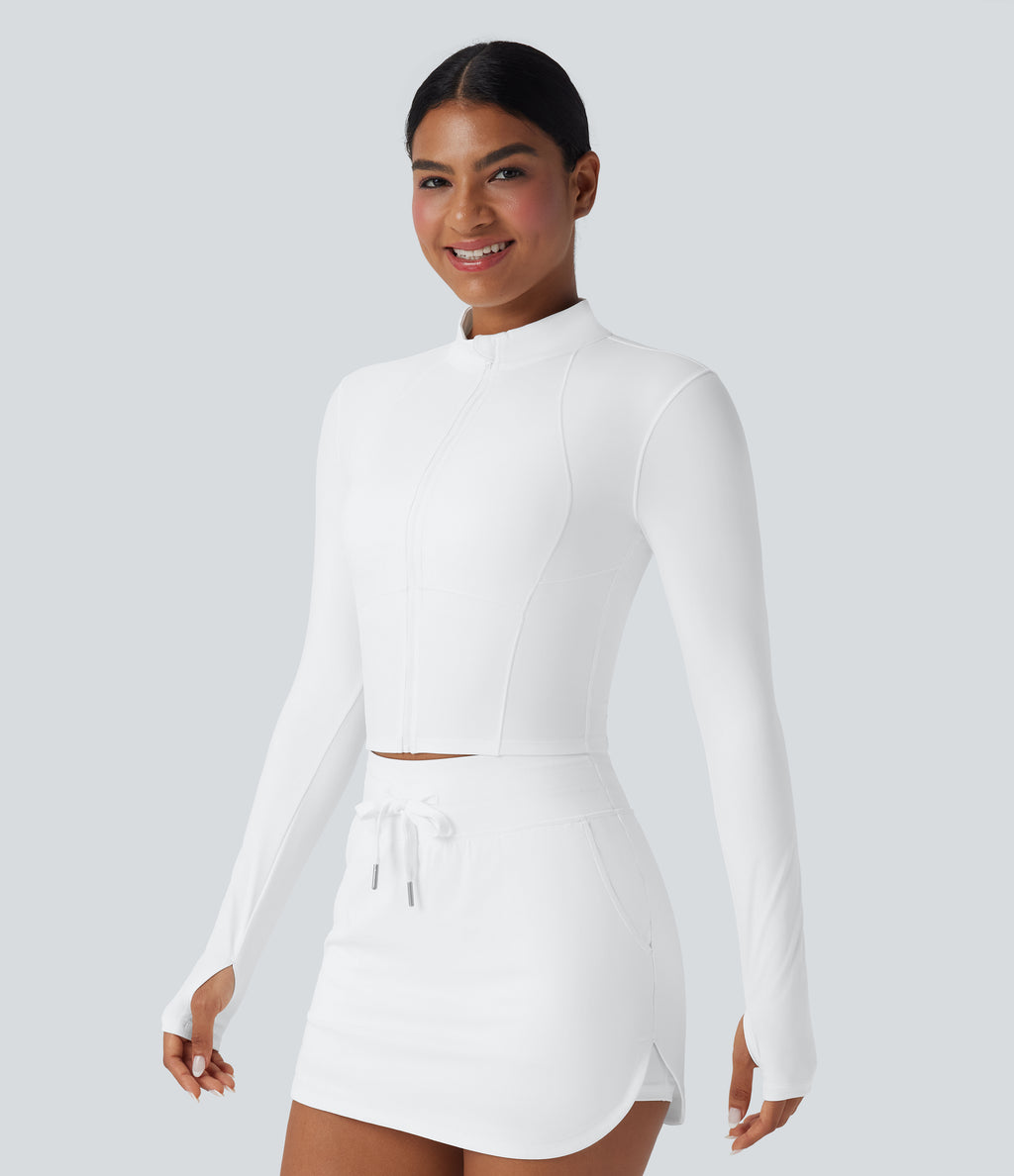 Plush Stand Collar Zip Thumb Holes Cropped Golf Jacket — White — view 3