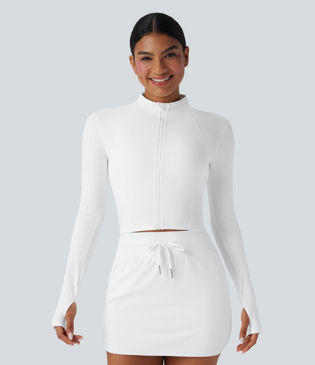 Plush Stand Collar Zip Thumb Holes Cropped Golf Jacket — White — view 1