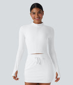 Plush Stand Collar Zip Thumb Holes Cropped Golf Jacket — White — view 1