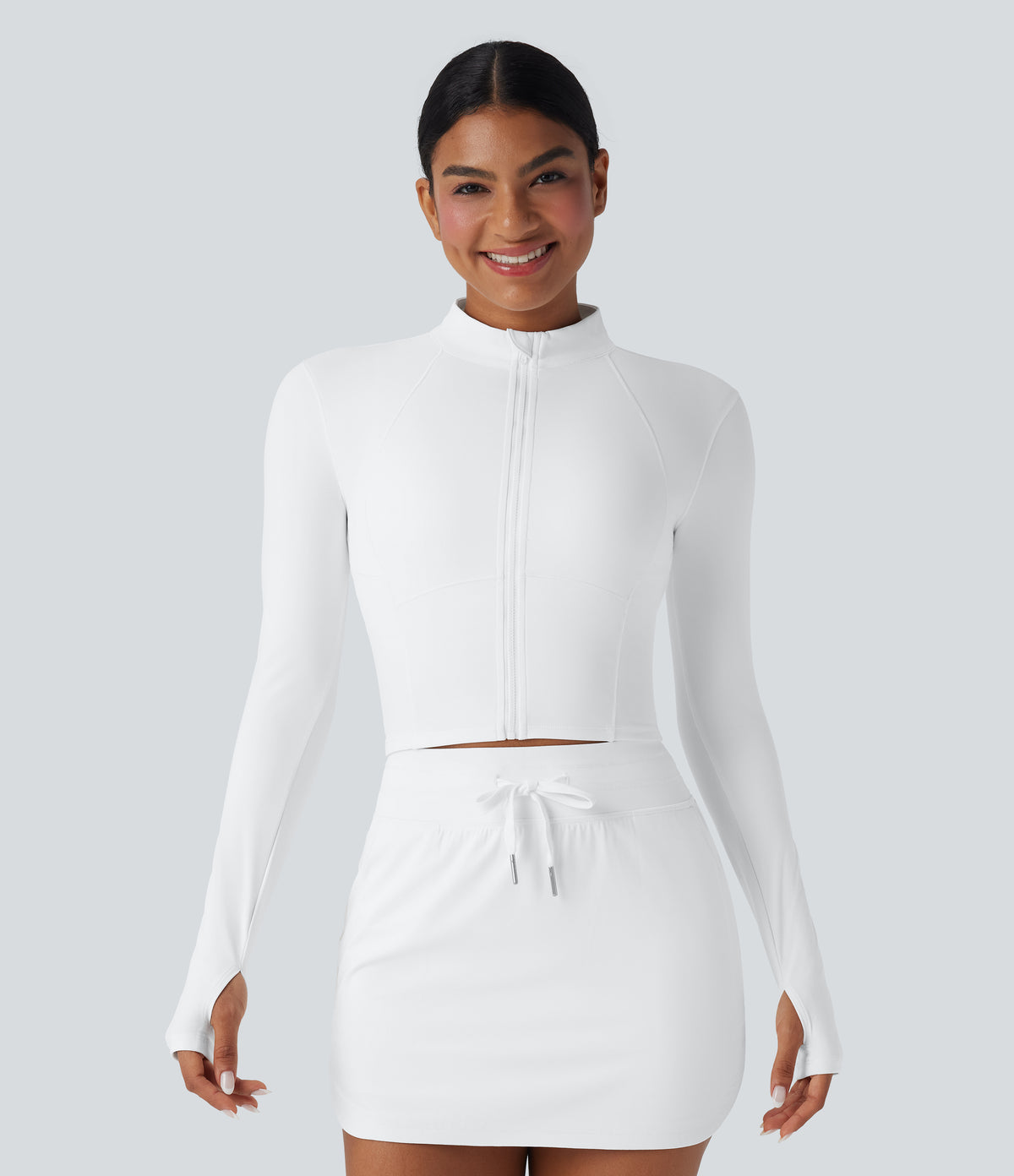Plush Stand Collar Zip Thumb Holes Cropped Golf Jacket — White — view 1