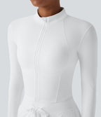 Plush Stand Collar Zip Thumb Holes Cropped Golf Jacket — White — view 4