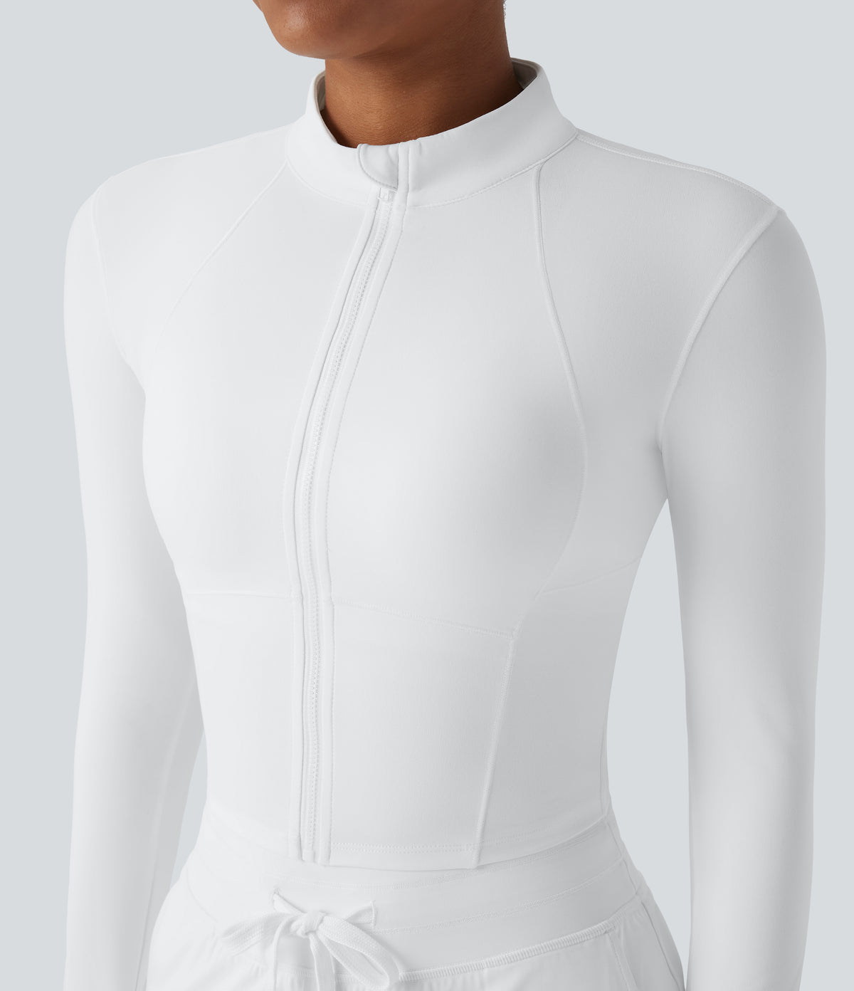 Plush Stand Collar Zip Thumb Holes Cropped Golf Jacket — White — view 4