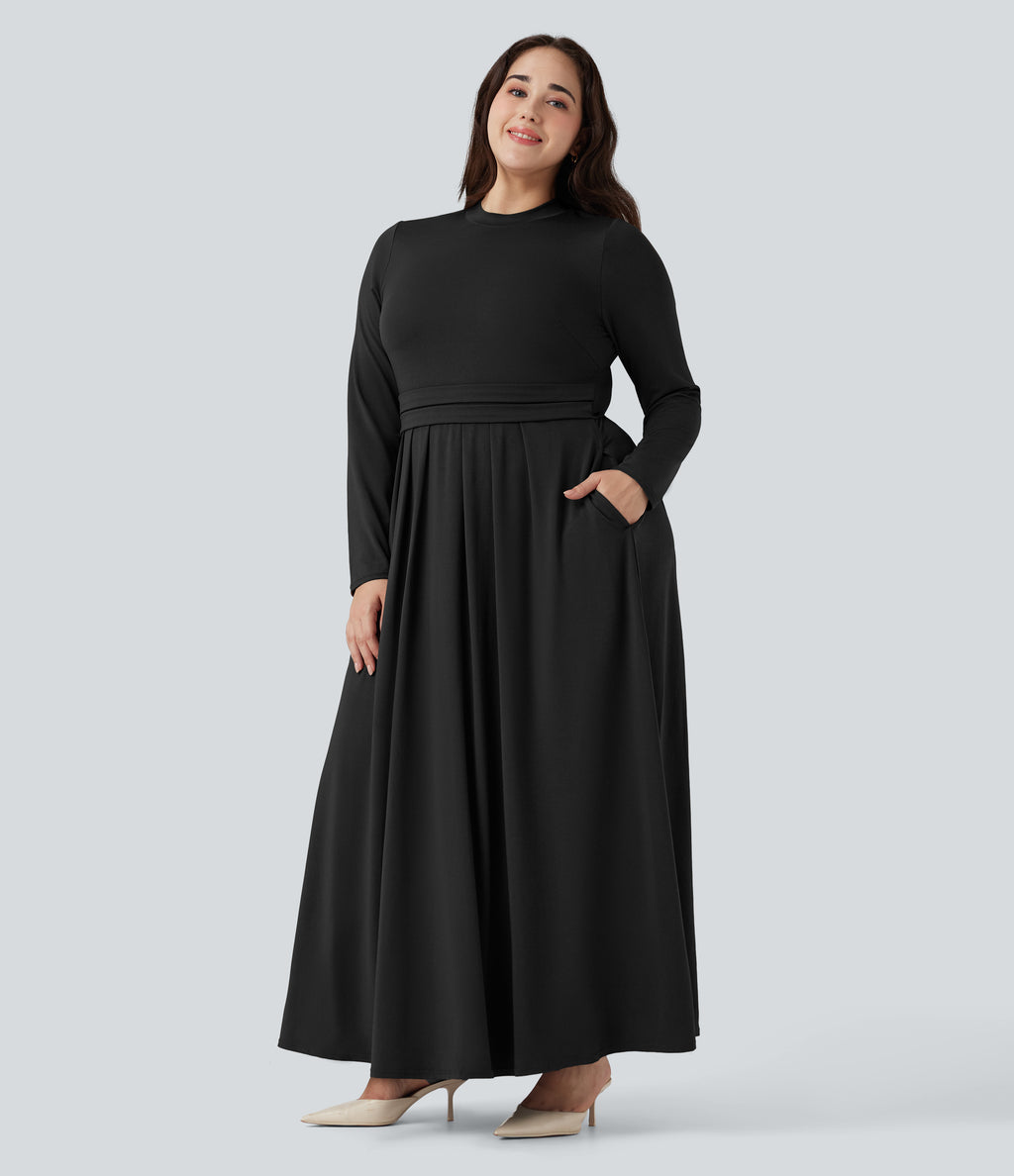 Mock-neck Long Sleeve Flare Maxi Casual Plus Size Dress with Pockets — Black — view 3