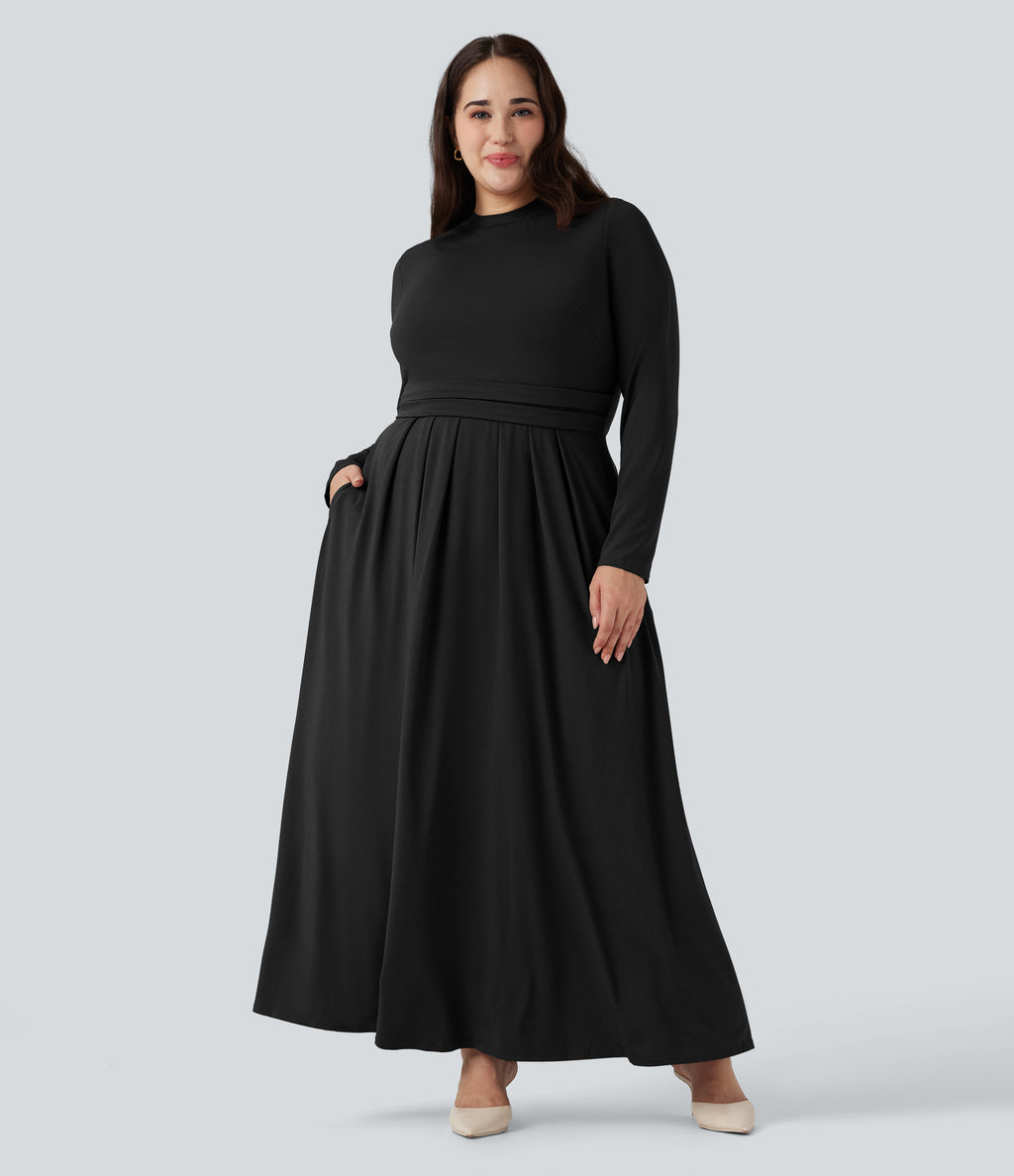 Mock-neck Long Sleeve Flare Maxi Casual Plus Size Dress with Pockets — Black — view 4