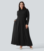 Mock-neck Long Sleeve Flare Maxi Casual Plus Size Dress with Pockets — Black — view 4