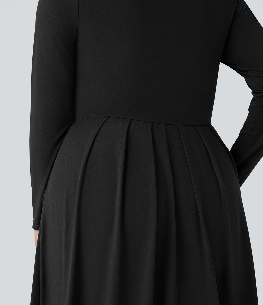 Mock-neck Long Sleeve Flare Maxi Casual Plus Size Dress with Pockets — Black — view 7