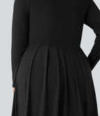 Mock-neck Long Sleeve Flare Maxi Casual Plus Size Dress with Pockets — Black — view 7
