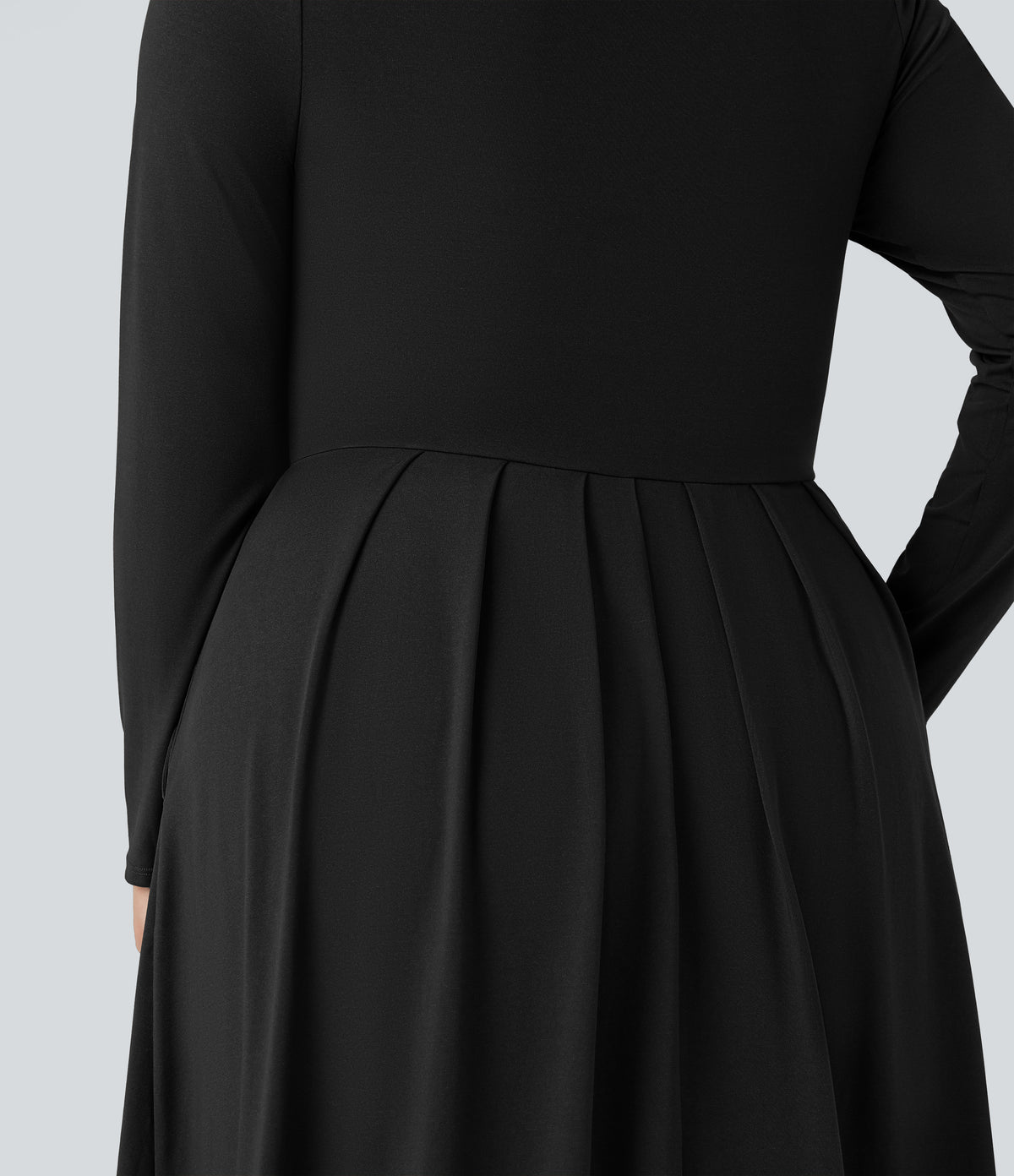 Mock-neck Long Sleeve Flare Maxi Casual Plus Size Dress with Pockets — Black — view 7