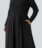 Mock-neck Long Sleeve Flare Maxi Casual Plus Size Dress with Pockets — Black — view 6