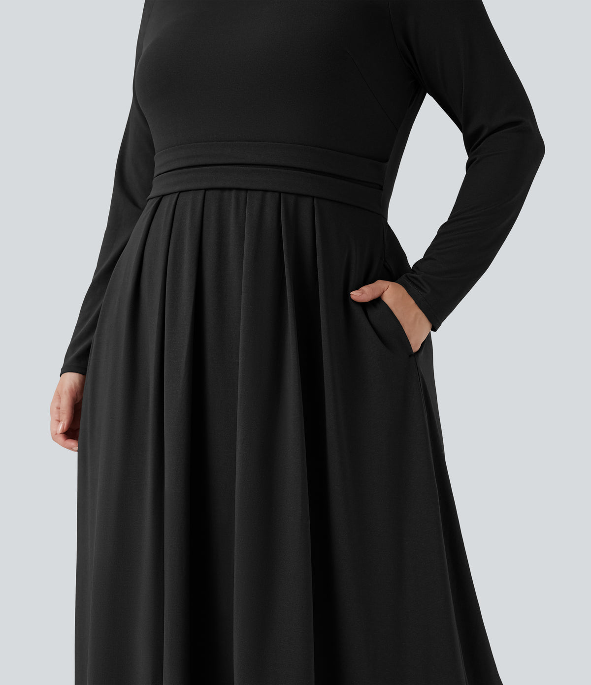 Mock-neck Long Sleeve Flare Maxi Casual Plus Size Dress with Pockets — Black — view 6
