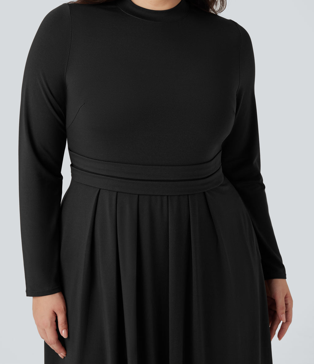 Mock-neck Long Sleeve Flare Maxi Casual Plus Size Dress with Pockets — Black — view 5