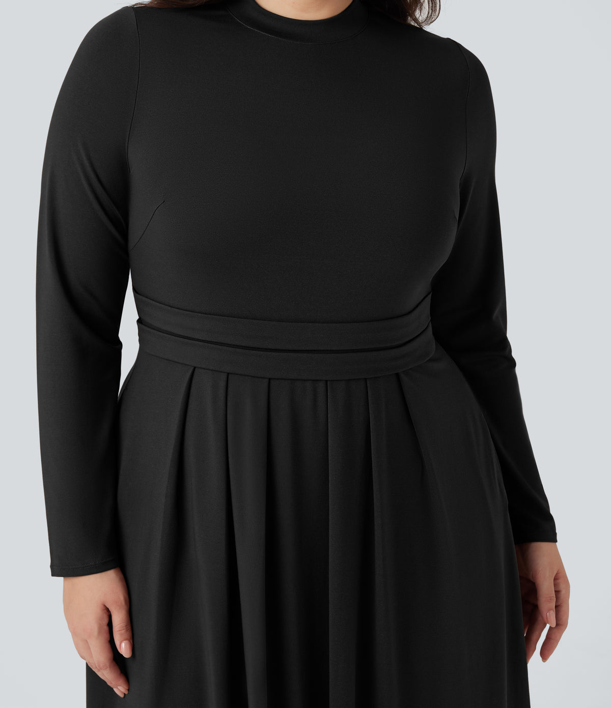 Mock-neck Long Sleeve Flare Maxi Casual Plus Size Dress with Pockets — Black — view 5
