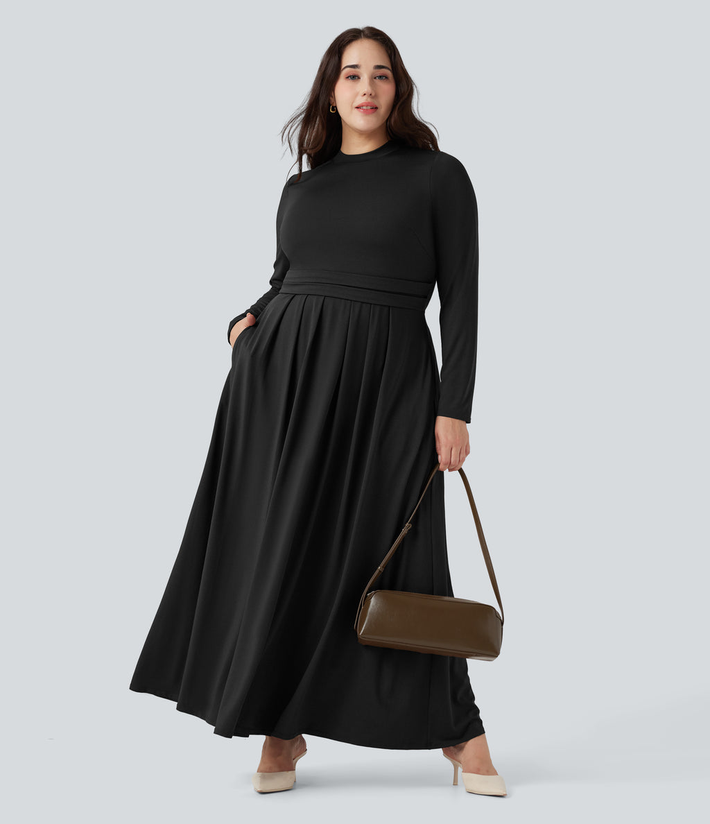 Mock-neck Long Sleeve Flare Maxi Casual Plus Size Dress with Pockets — Black — view 1
