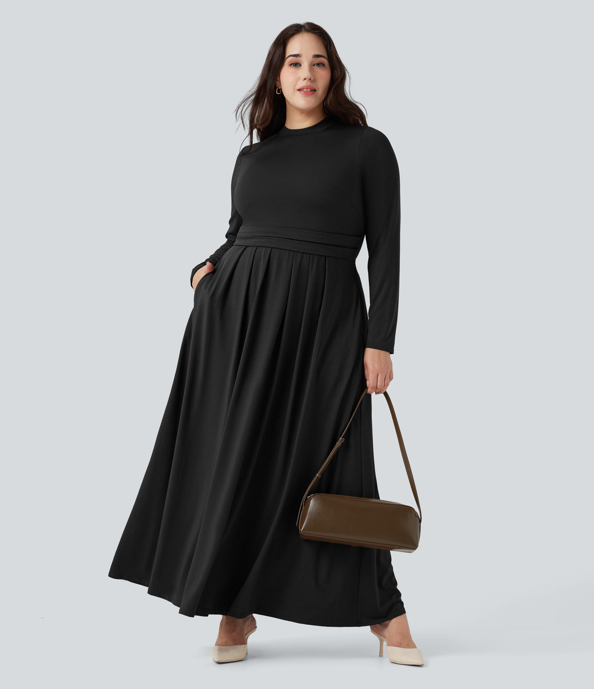 Mock-neck Long Sleeve Flare Maxi Casual Plus Size Dress with Pockets — Black — view 1