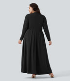 Mock-neck Long Sleeve Flare Maxi Casual Plus Size Dress with Pockets — Black — view 2