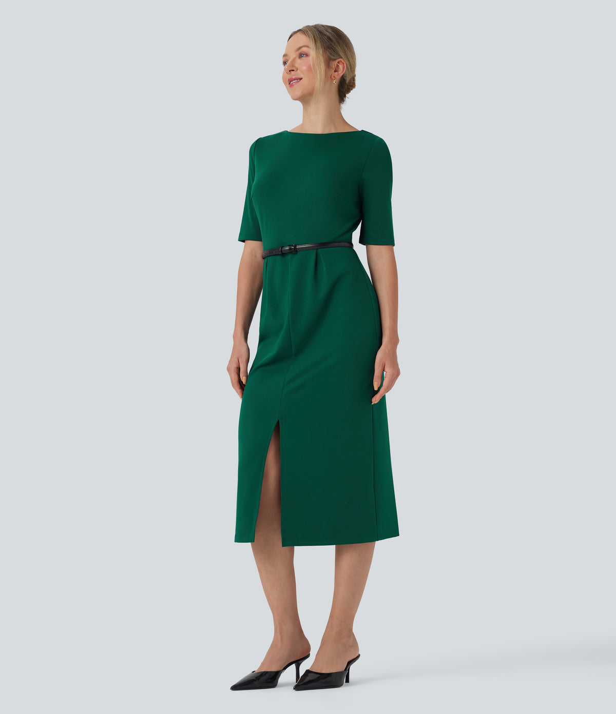 Rounded Neckline Short Sleeve Split Work Dress — Aventurine — view 7