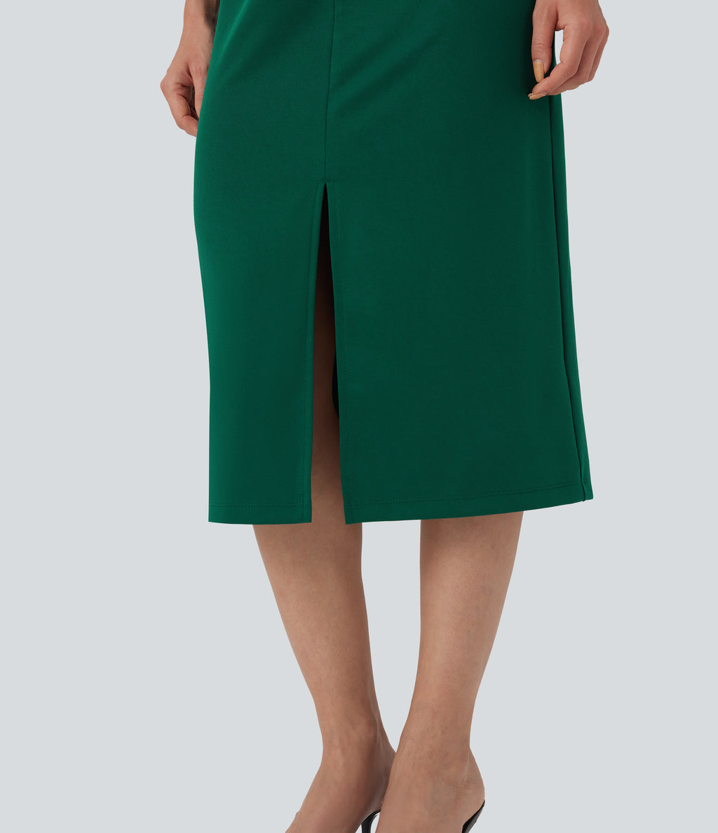 Rounded Neckline Short Sleeve Split Work Dress — Aventurine — view 6