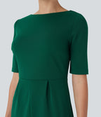 Rounded Neckline Short Sleeve Split Work Dress — Aventurine — view 4
