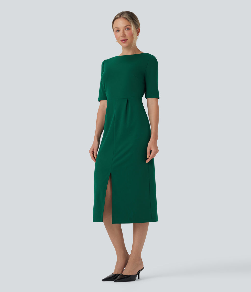 Rounded Neckline Short Sleeve Split Work Dress — Aventurine — view 3