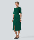 Rounded Neckline Short Sleeve Split Work Dress — Aventurine — view 3