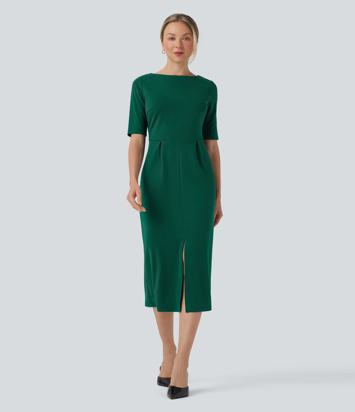 Rounded Neckline Short Sleeve Split Work Dress — Aventurine — view 1