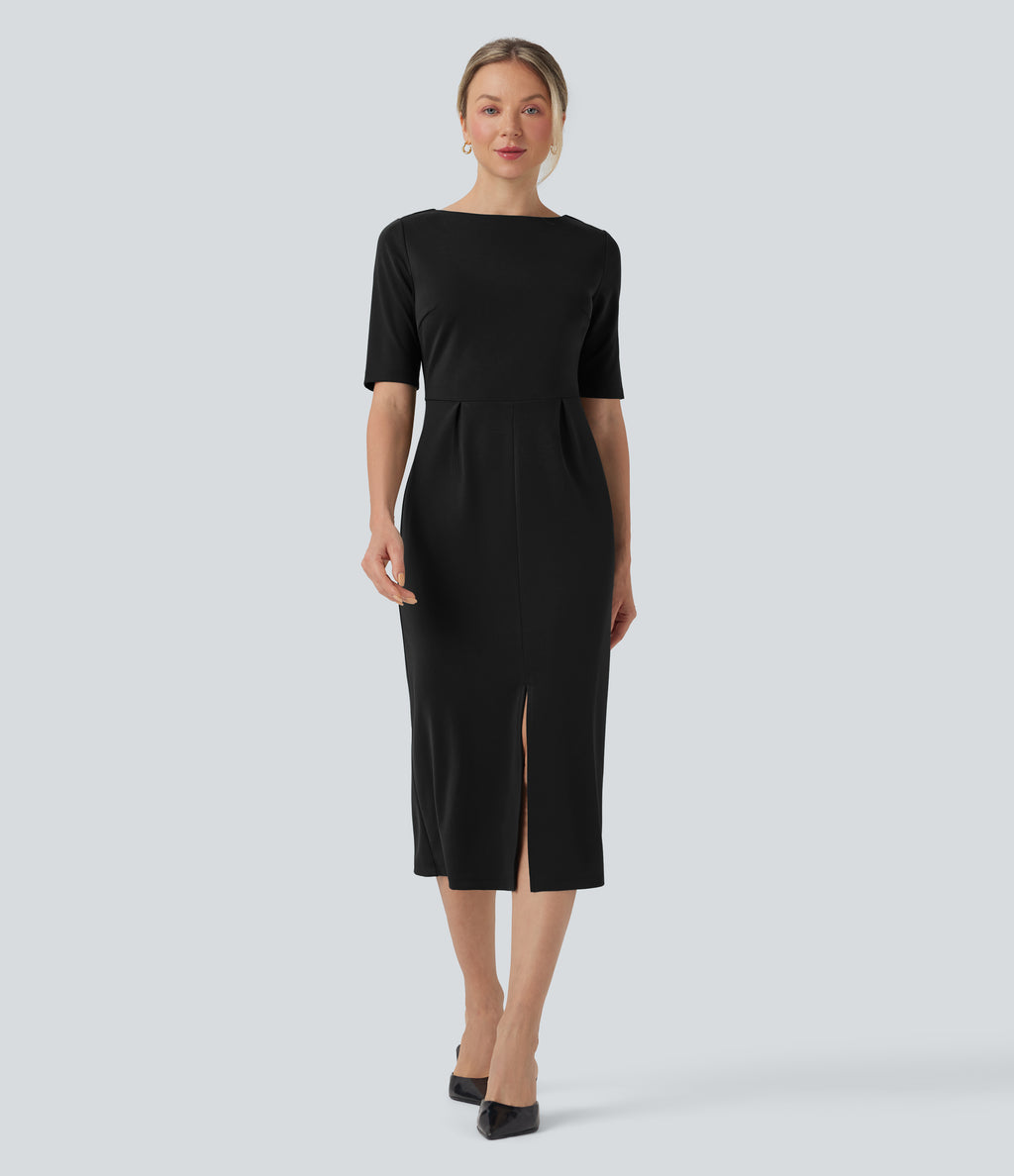 Rounded Neckline Short Sleeve Split Work Dress — Black — view 8