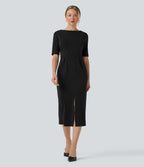 Rounded Neckline Short Sleeve Split Work Dress — Black — view 8