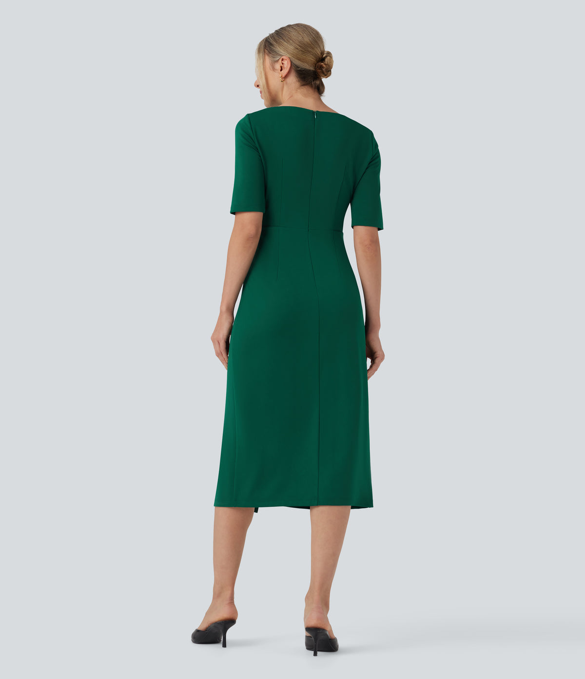 Rounded Neckline Short Sleeve Split Work Dress — Aventurine — view 2