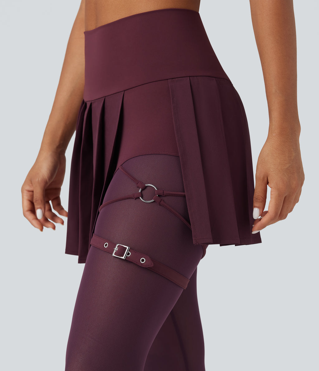 High Waisted Pleated 2-in-1 Contrast Mesh Quick Dry Dance Stirrup Skirted Leggings with Pockets — Amaranth — view 6