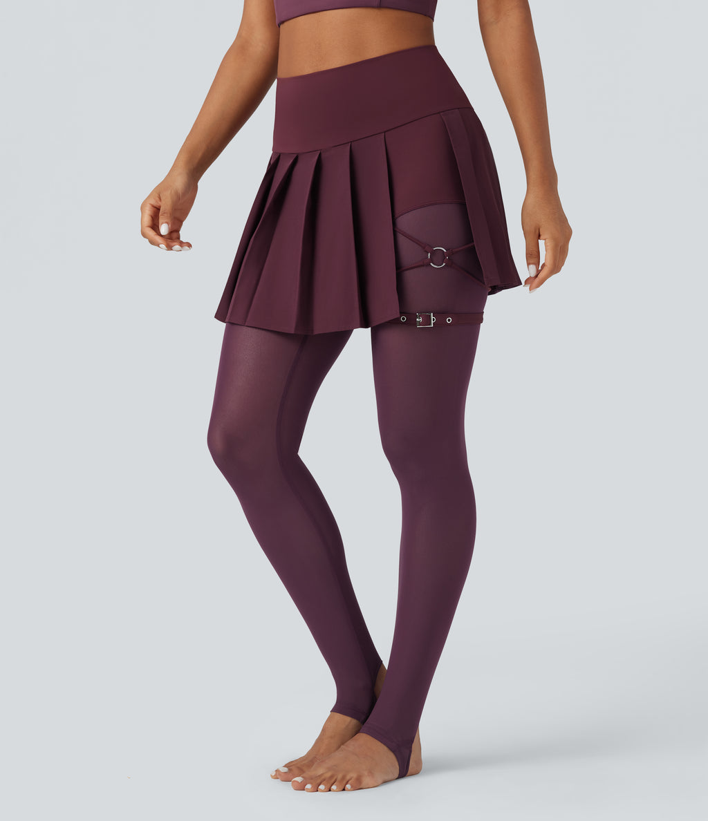 High Waisted Pleated 2-in-1 Contrast Mesh Quick Dry Dance Stirrup Skirted Leggings with Pockets — Amaranth — view 3