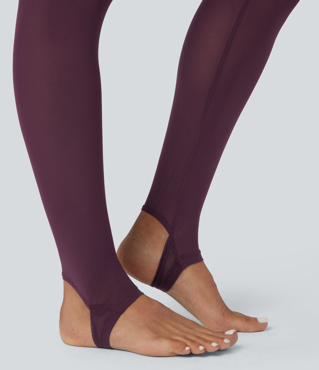 High Waisted Pleated 2-in-1 Contrast Mesh Quick Dry Dance Stirrup Skirted Leggings with Pockets — Amaranth — view 8