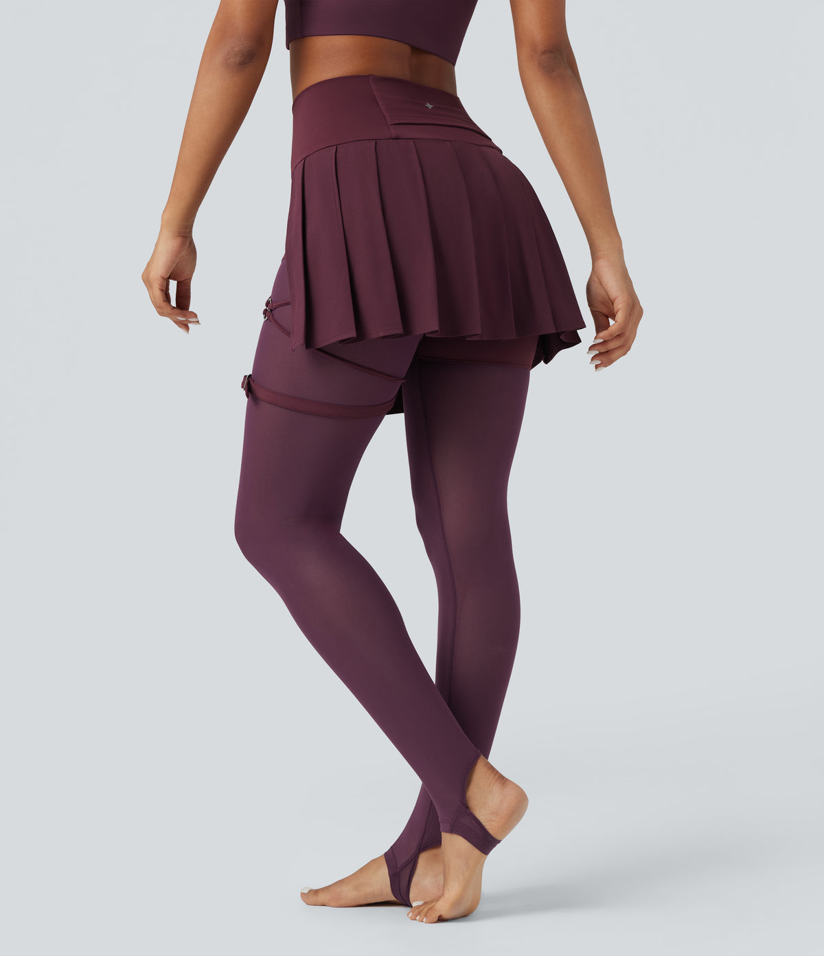 High Waisted Pleated 2-in-1 Contrast Mesh Quick Dry Dance Stirrup Skirted Leggings with Pockets — Amaranth — view 2