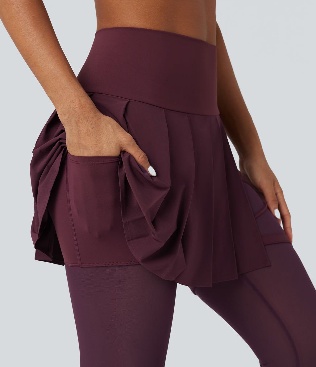 High Waisted Pleated 2-in-1 Contrast Mesh Quick Dry Dance Stirrup Skirted Leggings with Pockets — Amaranth — view 5