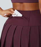 High Waisted Pleated 2-in-1 Contrast Mesh Quick Dry Dance Stirrup Skirted Leggings with Pockets — Amaranth — view 4