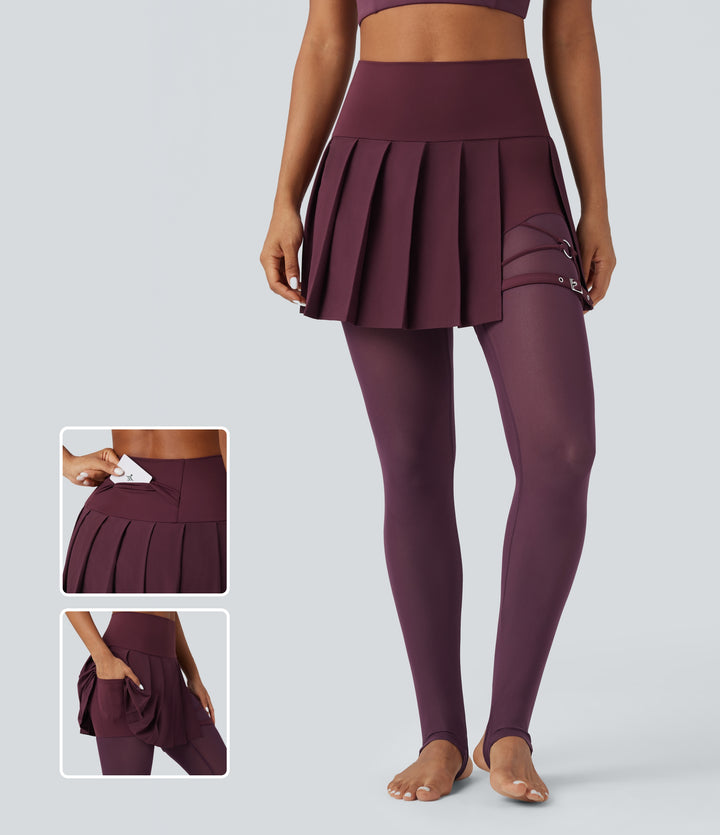 High Waisted Pleated 2-in-1 Contrast Mesh Quick Dry Dance Stirrup Skirted Leggings with Pockets — Amaranth — view 1