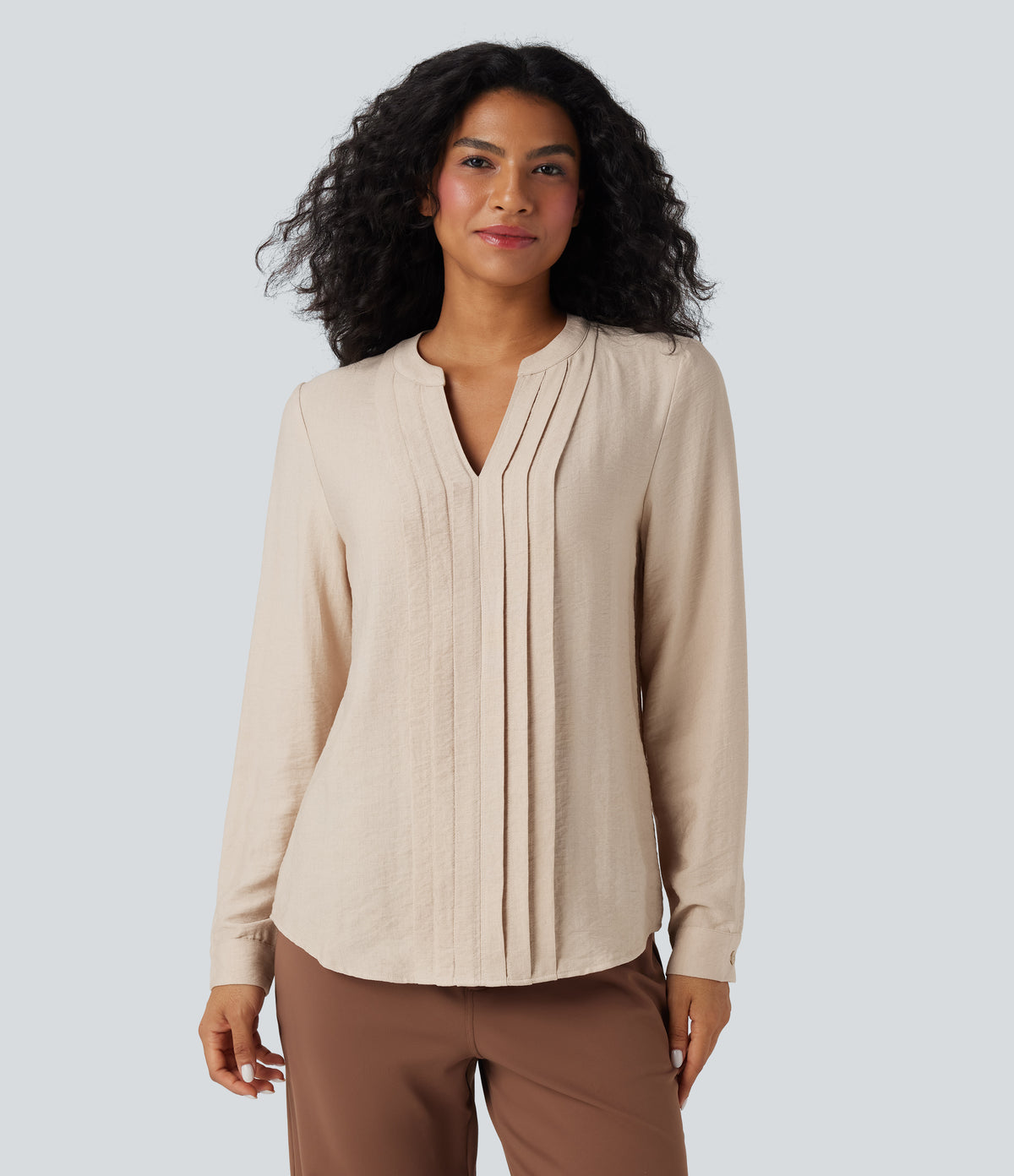 V-neck Long Sleeve Pleated Relaxed Fit Work Blouse — Smoke Gray — view 4