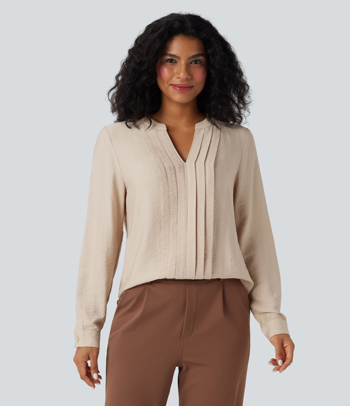 V-neck Long Sleeve Pleated Relaxed Fit Work Blouse — Smoke Gray — view 3