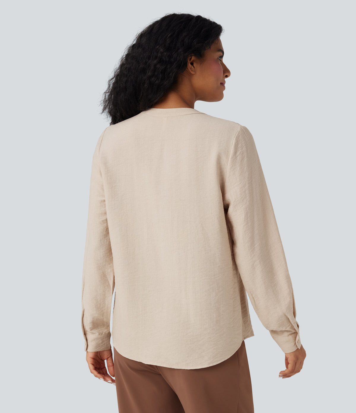 V-neck Long Sleeve Pleated Relaxed Fit Work Blouse — Smoke Gray — view 2