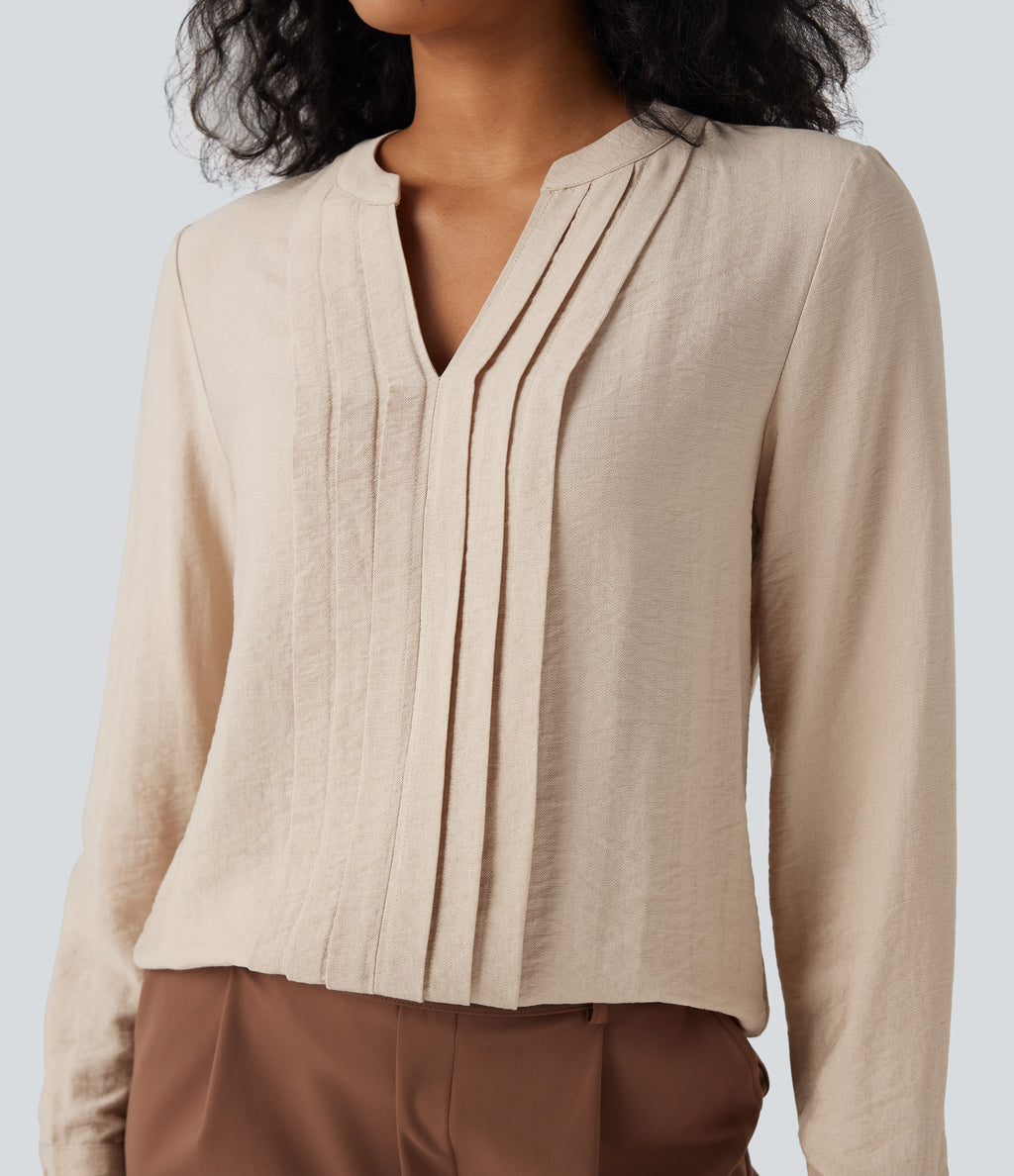 V-neck Long Sleeve Pleated Relaxed Fit Work Blouse — Smoke Gray — view 5