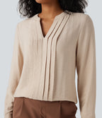 V-neck Long Sleeve Pleated Relaxed Fit Work Blouse — Smoke Gray — view 5