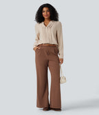 V-neck Long Sleeve Pleated Relaxed Fit Work Blouse — Smoke Gray — view 7
