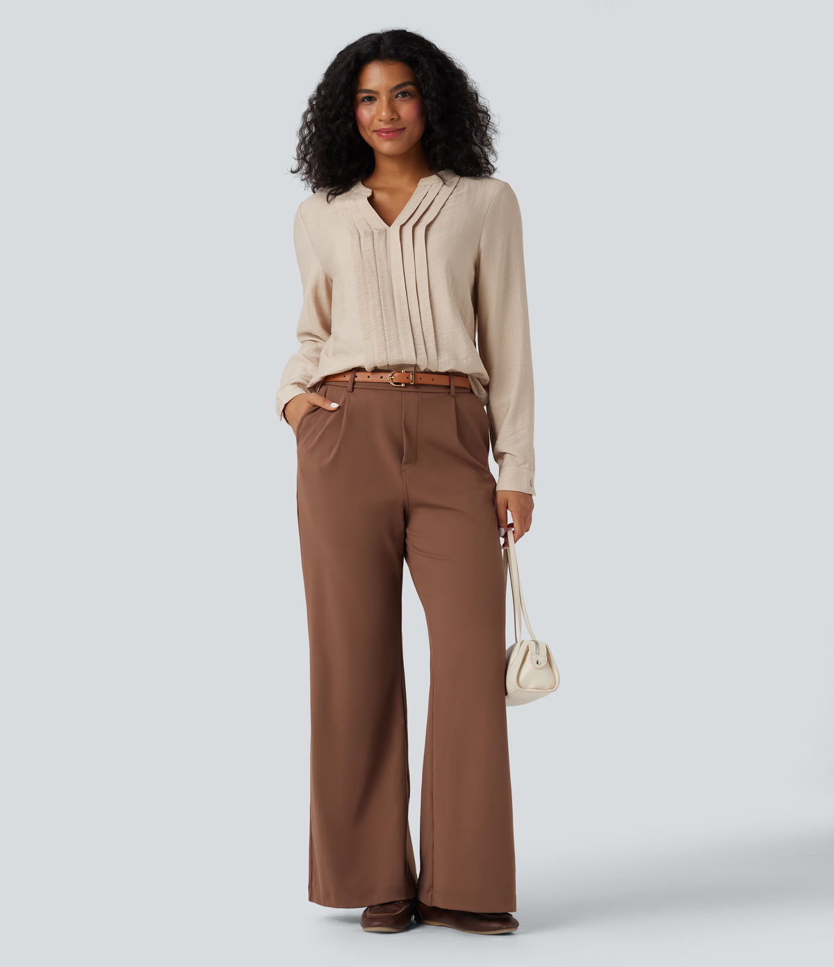 V-neck Long Sleeve Pleated Relaxed Fit Work Blouse — Smoke Gray — view 7