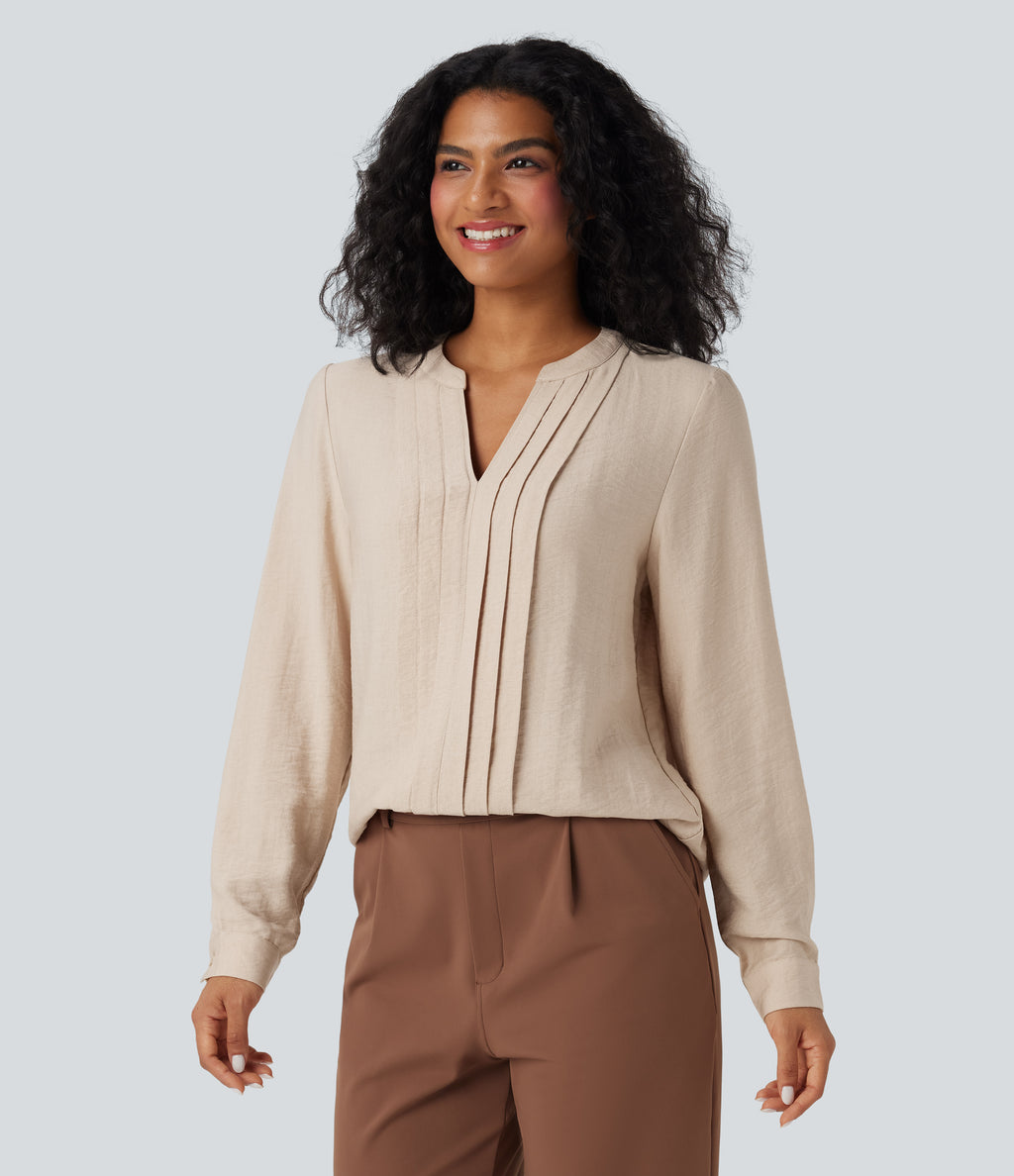 V-neck Long Sleeve Pleated Relaxed Fit Work Blouse — Smoke Gray — view 1